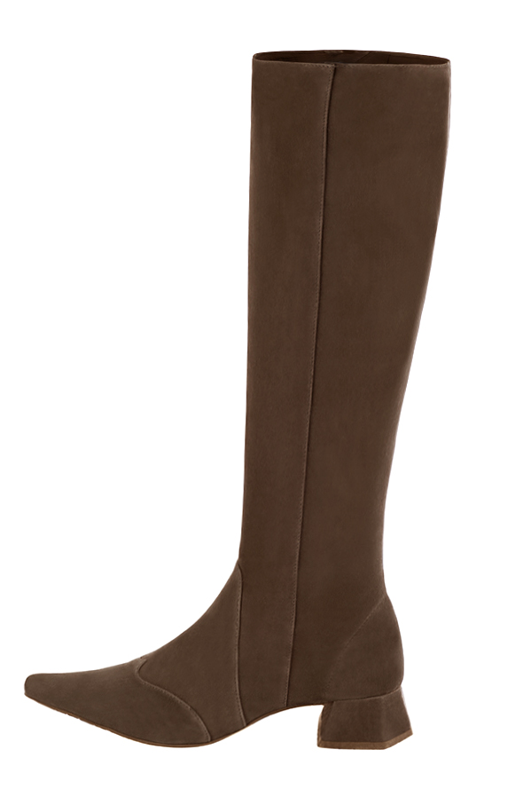 Custom-made women's chocolate brown elegant classic knee-high boots. Pointed toe. Low flare heels - Profile view